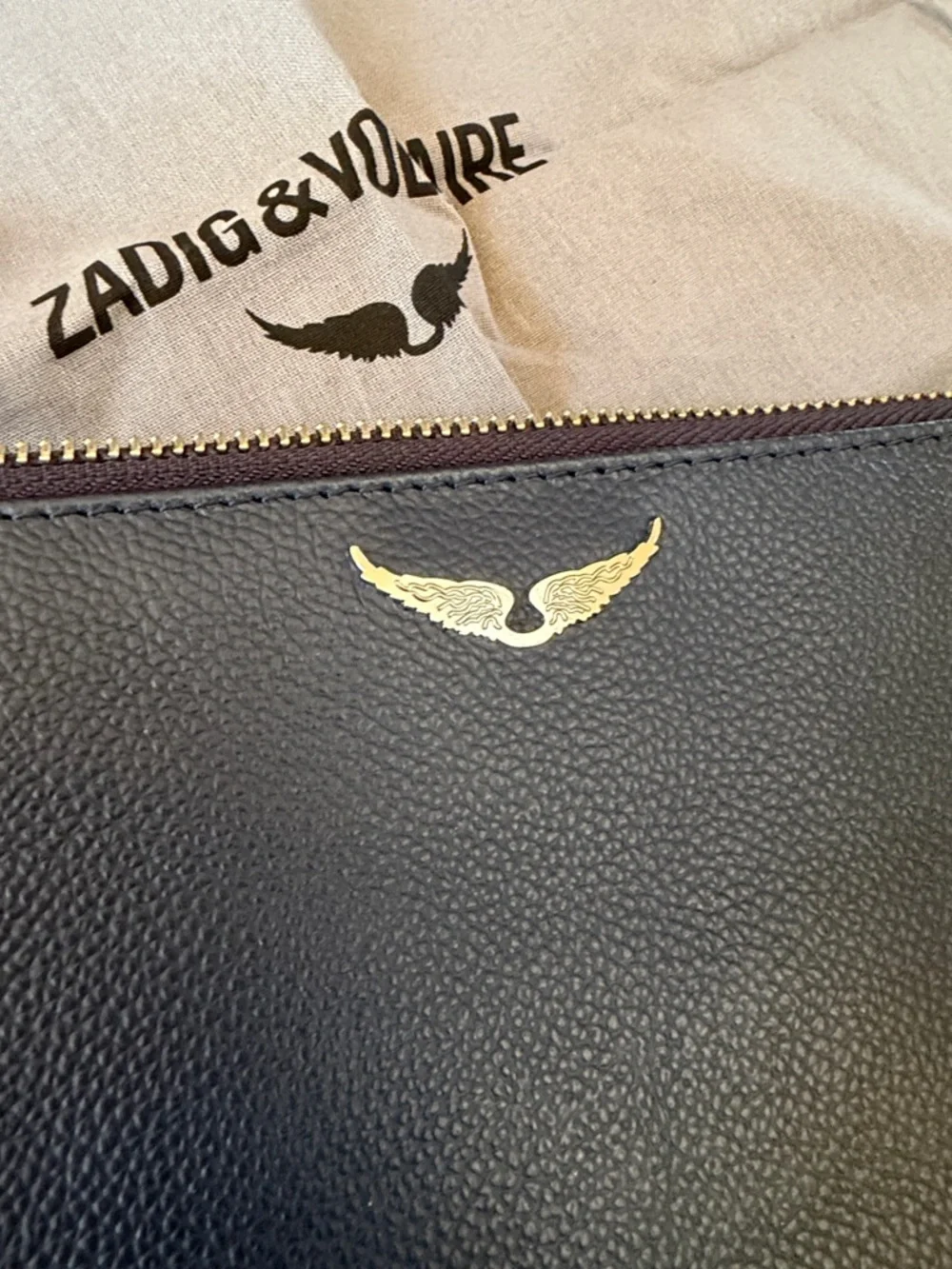 Zadig & Voltaire Navy Pebbled Leather Wristlet with Silver Wing Logo